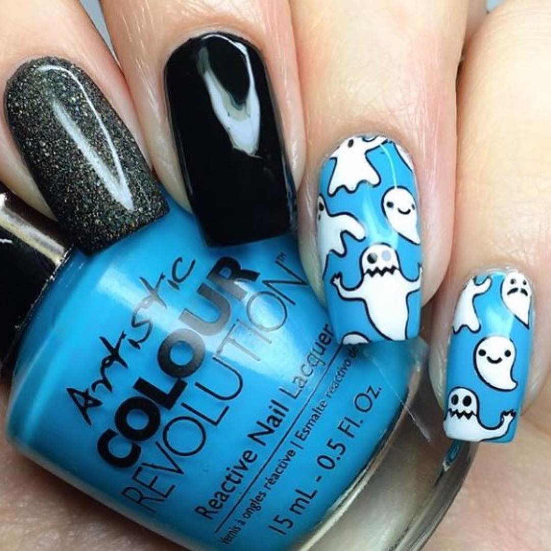 Funky Blue Nails With Monsters