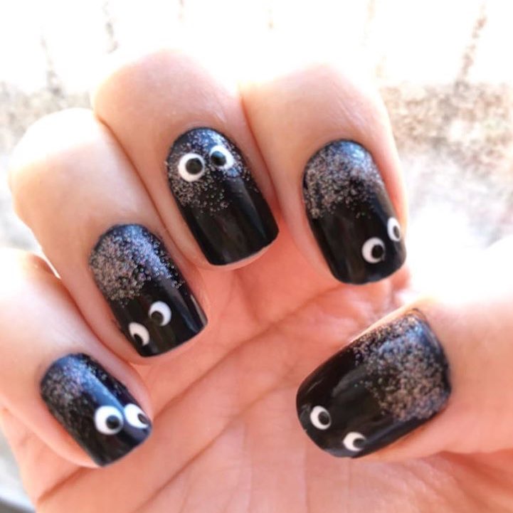 Neat-Fashion Black Halloween Nail Art Design With Scary Design 