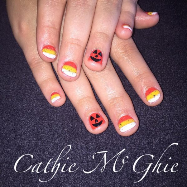 Pumpkin And Candy Corn Painted On Nails