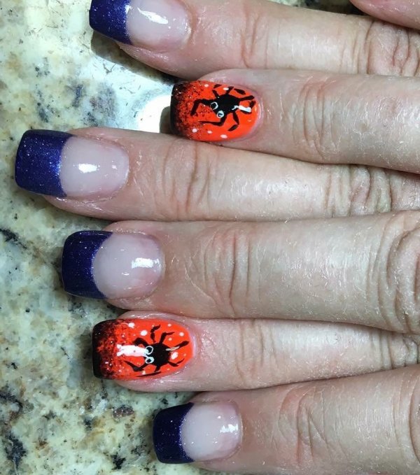 Purple And Orange Spider Halloween French Nails