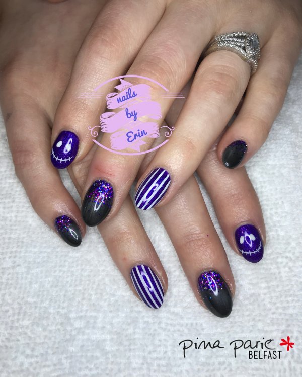 Simple Purple Nails With Stripes And Monster 