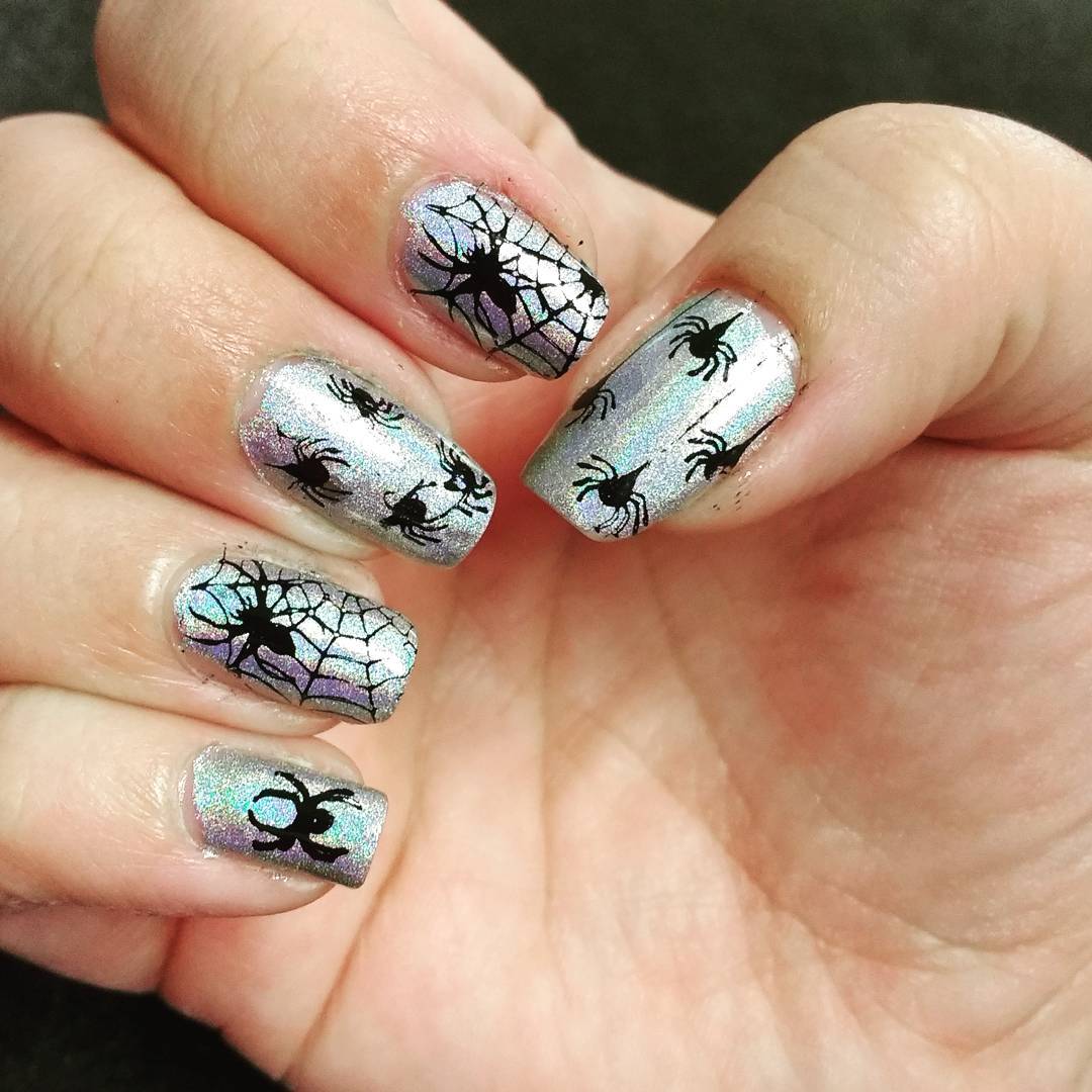 Spider Halloween Nails On Silver Nails