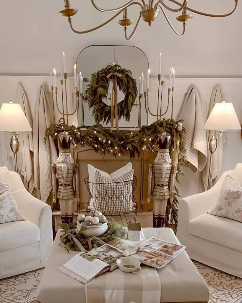 Cozy wood fireplace mantel with silver nutcrackers