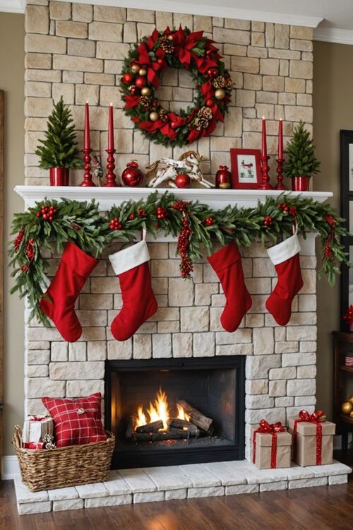 Red and green mantel decor