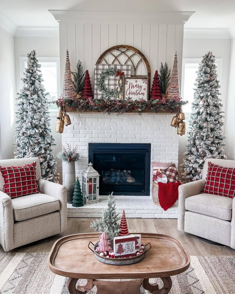 White red and green Christmas mantel