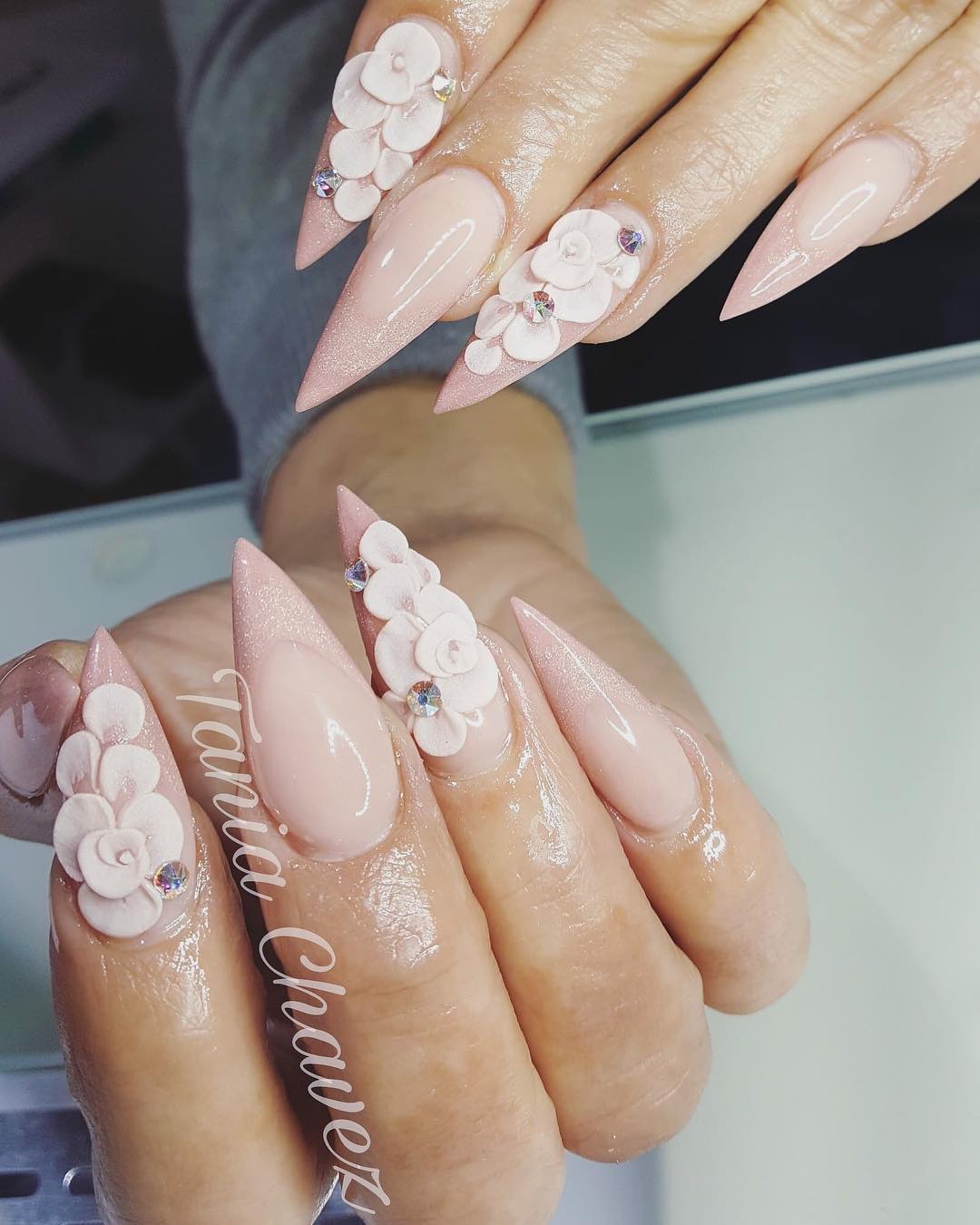 3D Flower On Dusty Pink Stiletto Nails