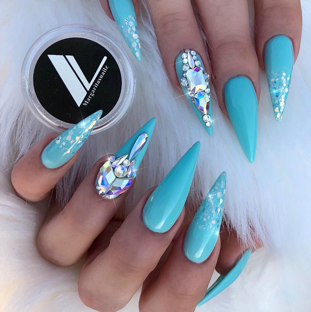 Aqua Stiletto Nails With Swarovski Crystals