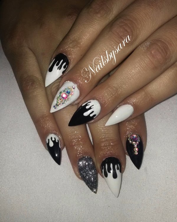 Black And White Designer Nails With Swarovski Crystals