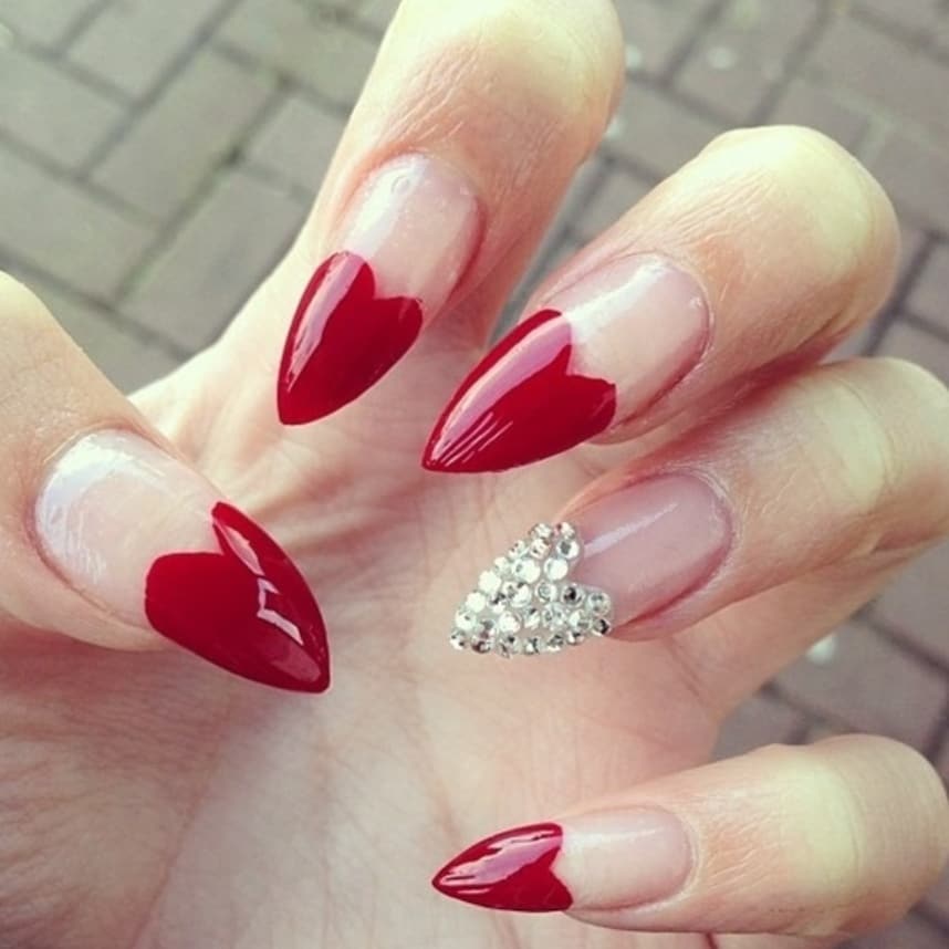 Blood Red Heart Shape Stiletto Nails With Swarovski