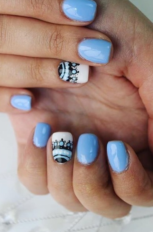 Boho Style Blue And Black Nails