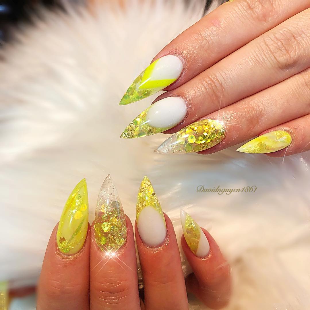 Breezing Yellow Sparkly Stiletto Nails