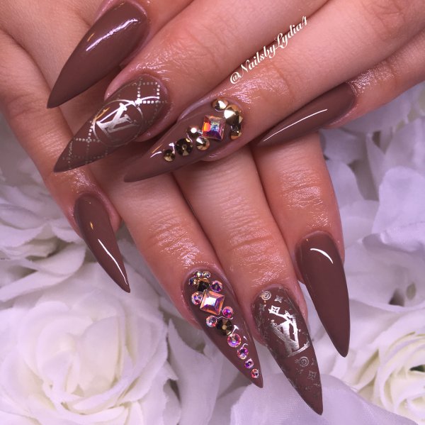 Brown Stiletto Nails With Crystals