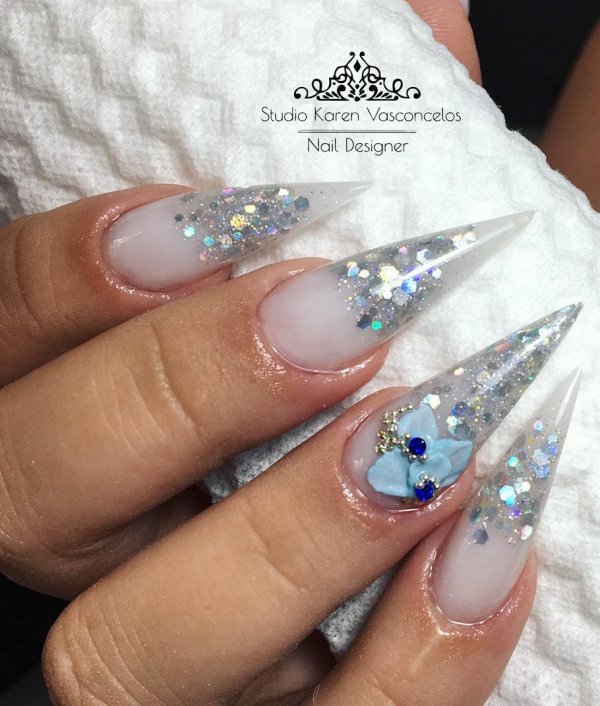 Charismatic Silver Glitter Stiletto Nails With Accessory