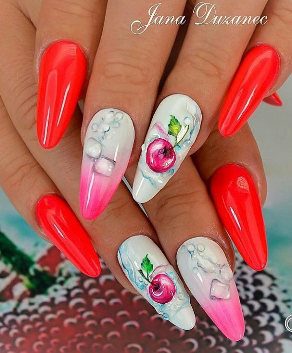 Cherries And Ice Cubes Handpainted Summer Nails