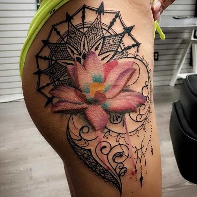 Designer Lotus Tattoo On Side Hip 