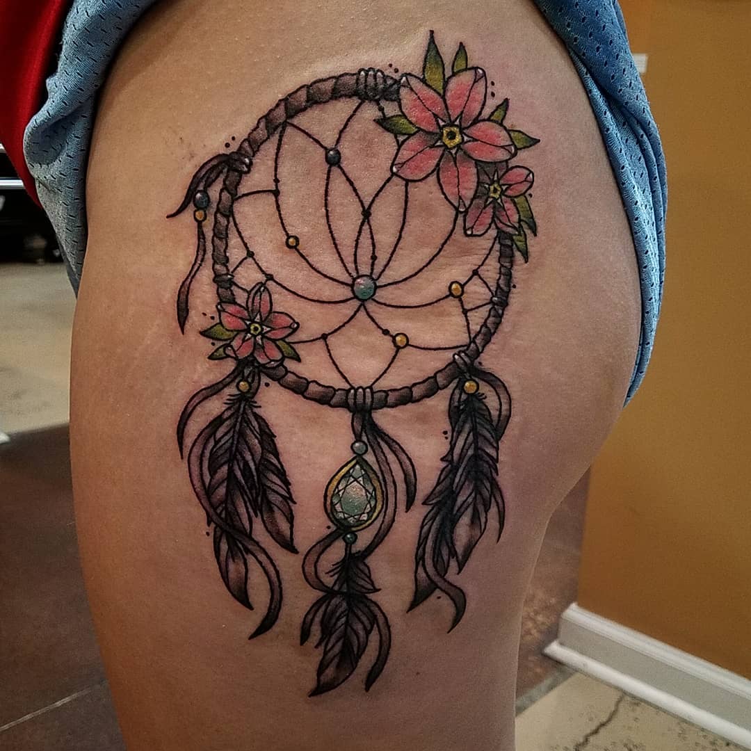 Dreamcatcher With Diamond And Lotus Inked On Side Hip