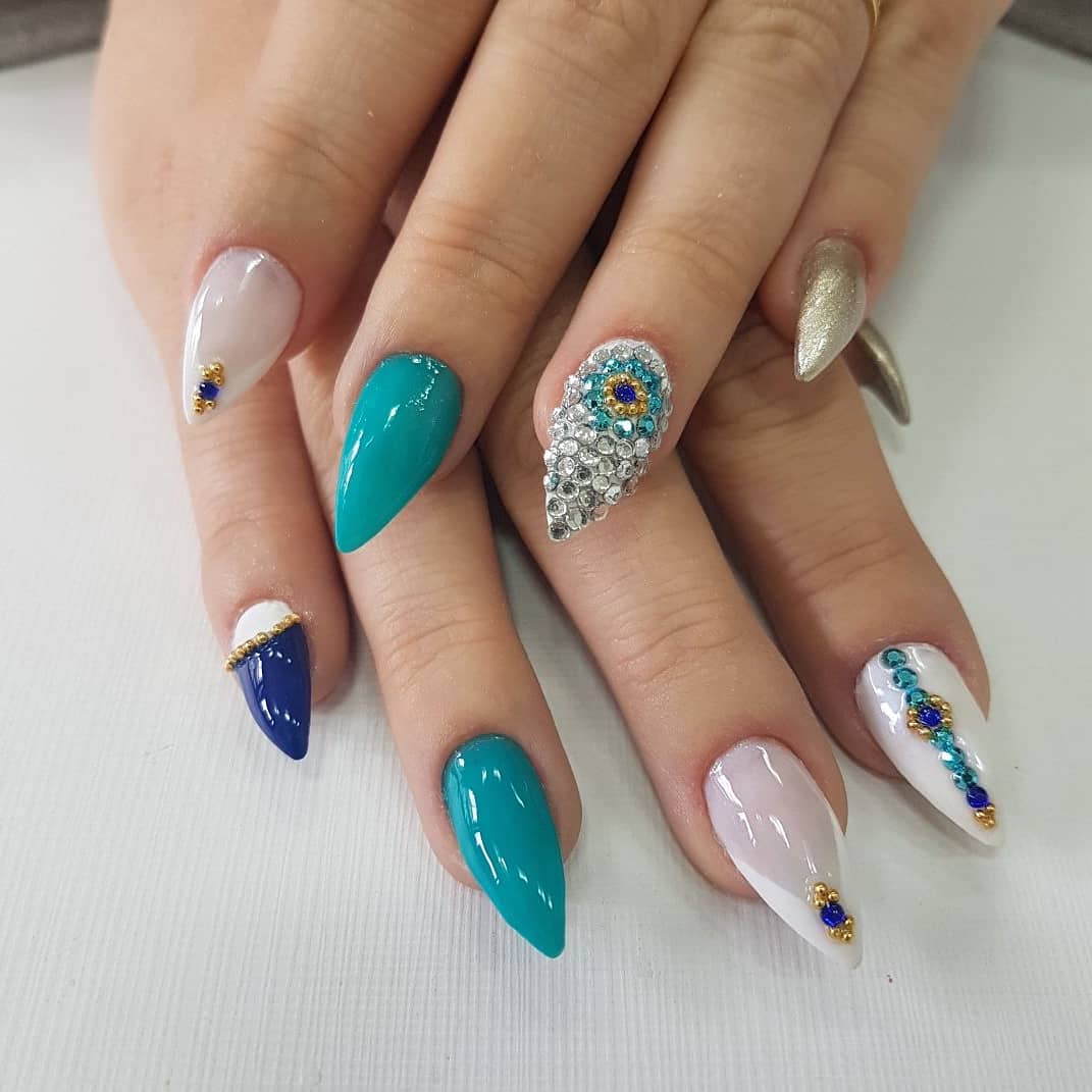 Fabulous Blue And Porcelain Stiletto Nails