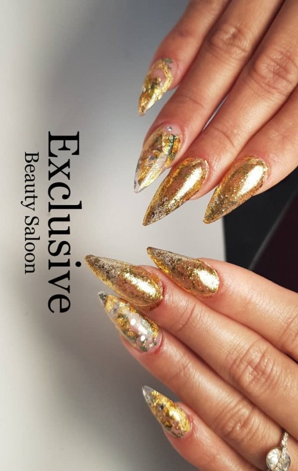 Golden Glittery Stiletto Nails