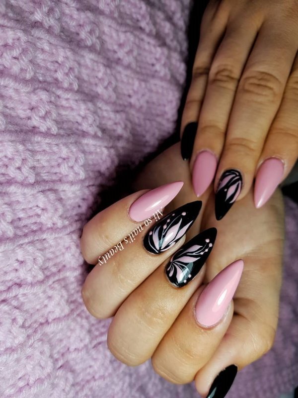 Graceful Pink And Black Designer Stiletto Nails