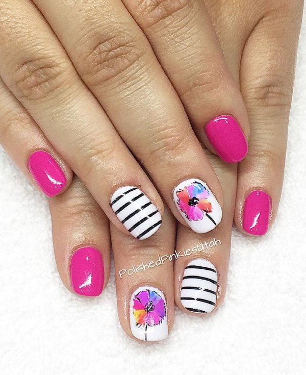 Handpainted Pink Nails With Stripes And Daisy Flower