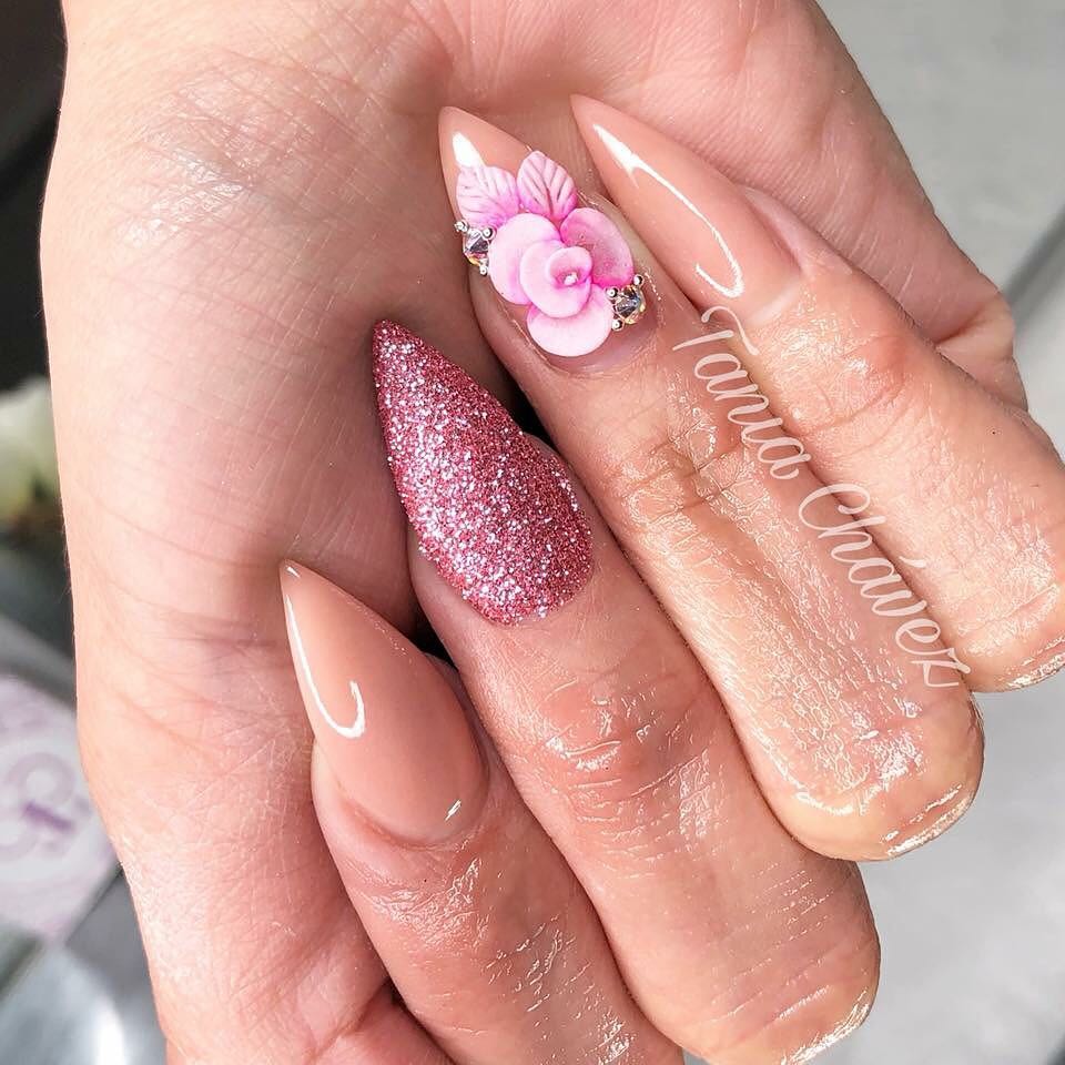 Lovely 3D Flower Pink And Nude Stiletto Nails