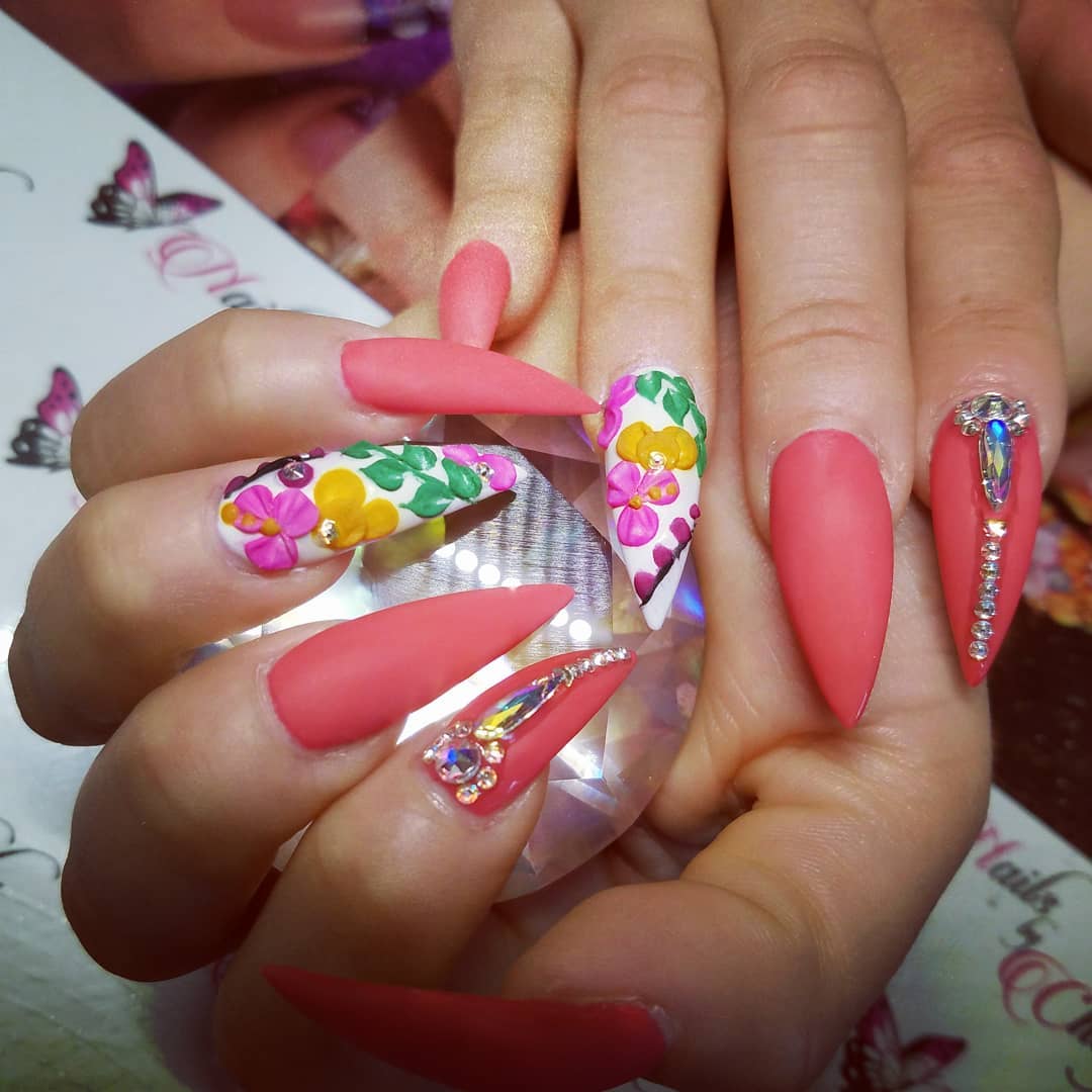 Matte Stiletto Nails With 3D Flower Decor