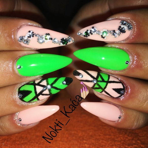 Neon And Peach Stiletto Nails