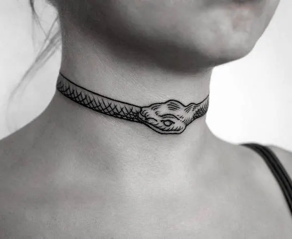 Ouroboros neck tattoo for women
