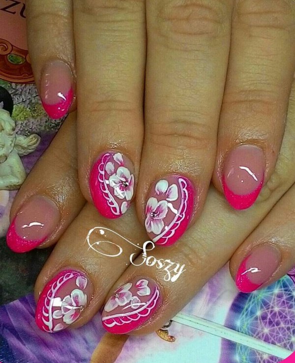 Pink Acrylic Nails With Flower For Summer