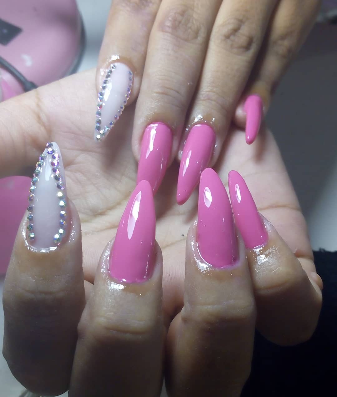 Pink Stiletto Nails Decorated With Crystals