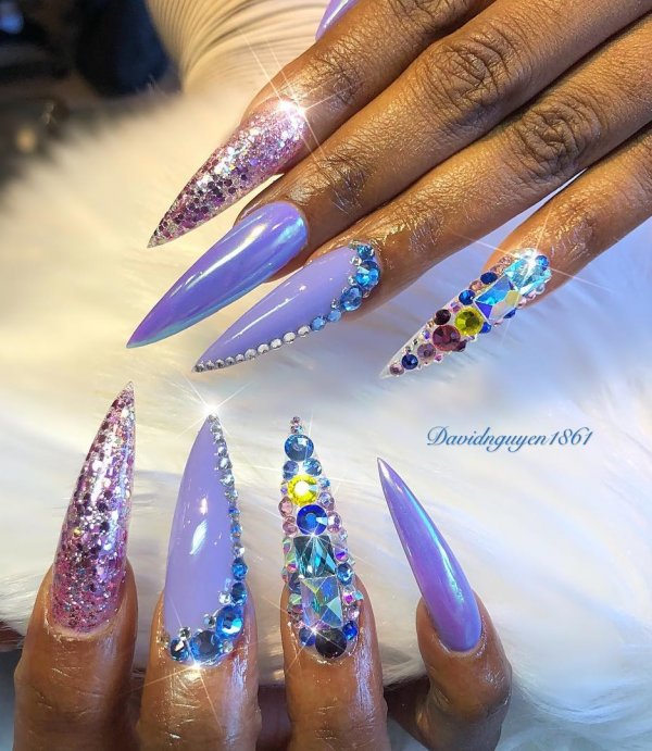 Purple Stiletto Nails Decorated With Swarovski