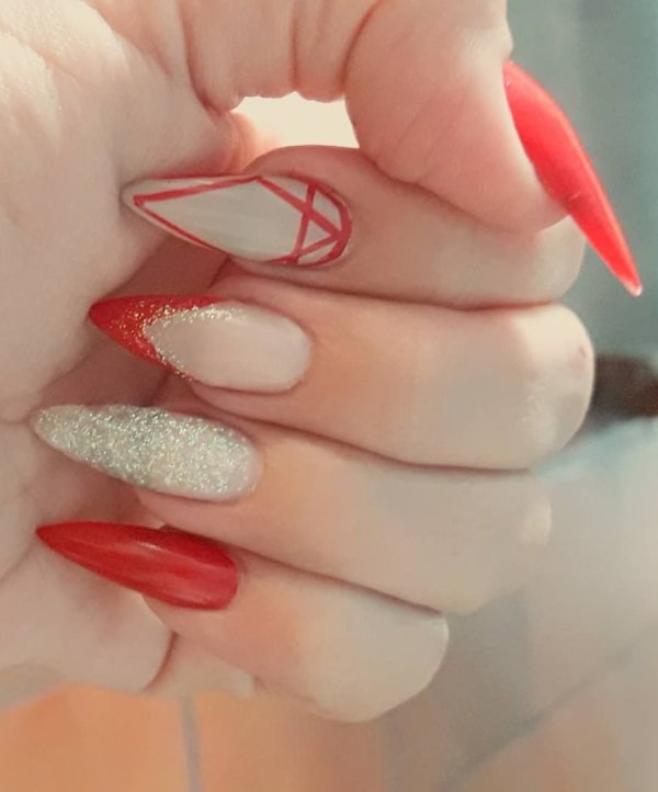 Red Stiletto Nails With Silver