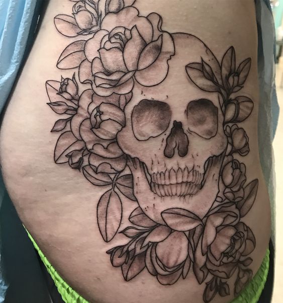 Roses With Skull Tattoo On Side Hip