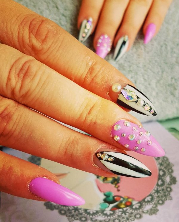 Sassy Pink Nails With Black And White Stripes And Swarovski