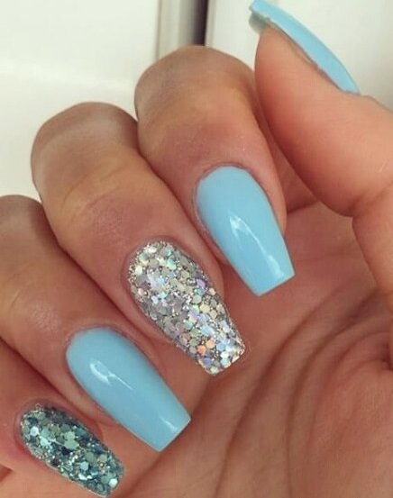 Sky Blue Nails With Glittery Nail Finger