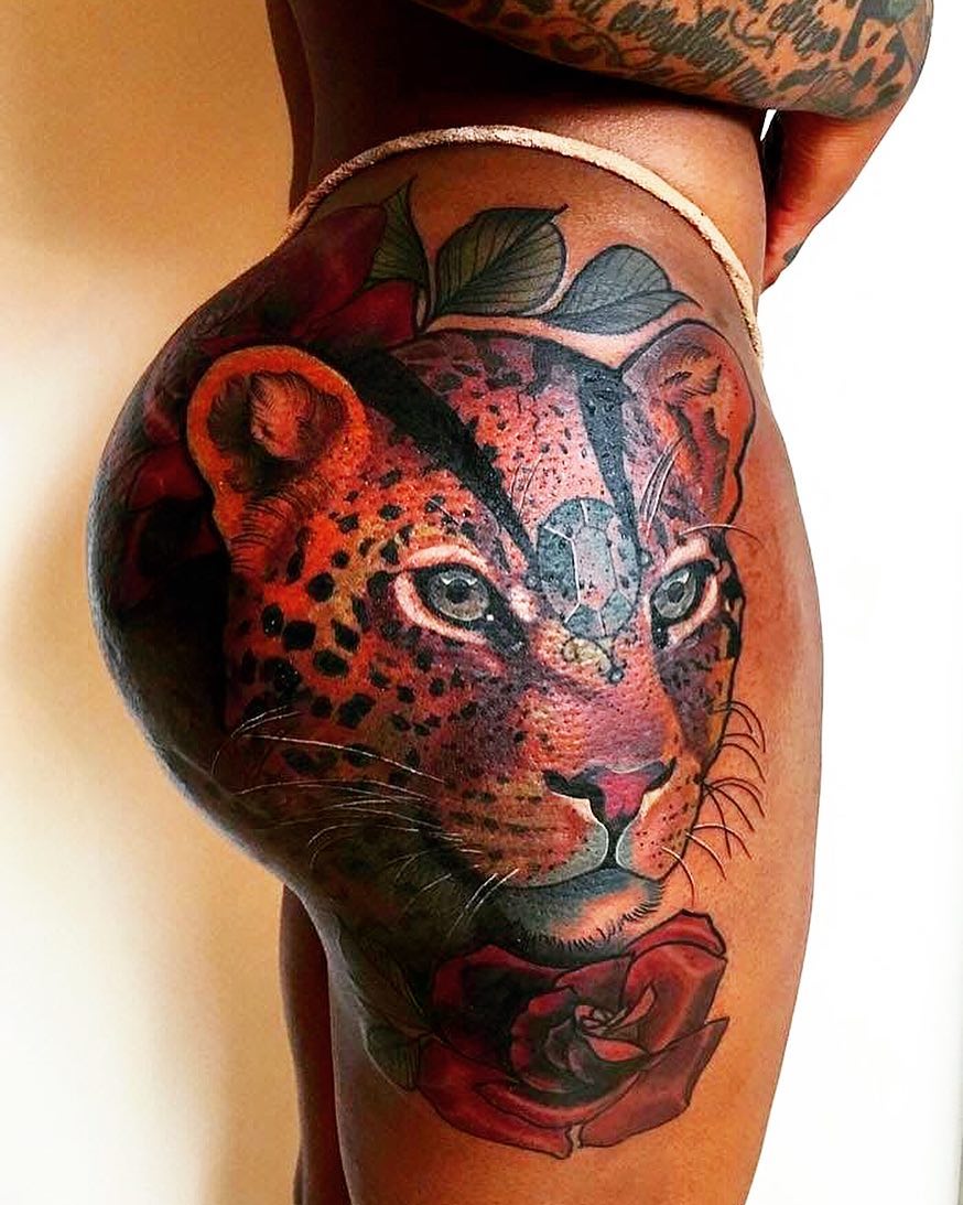 Stunning Colored Tiger Tattoo On Hip