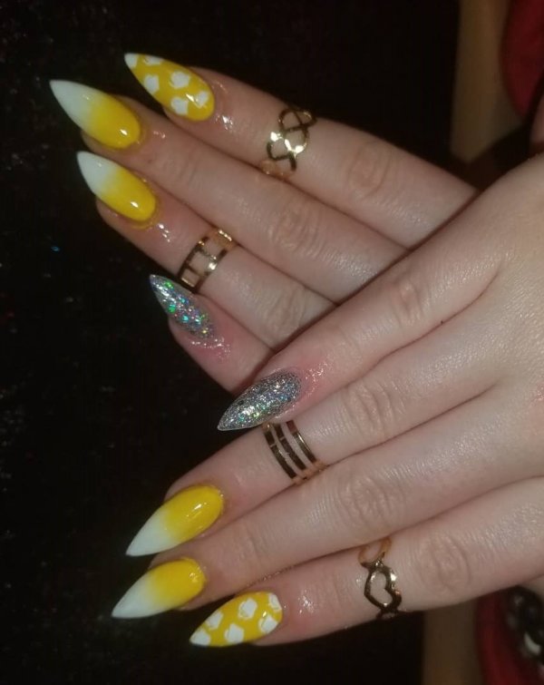 Sunshine Yellow Stiletto Nails With Graduation Cap Print