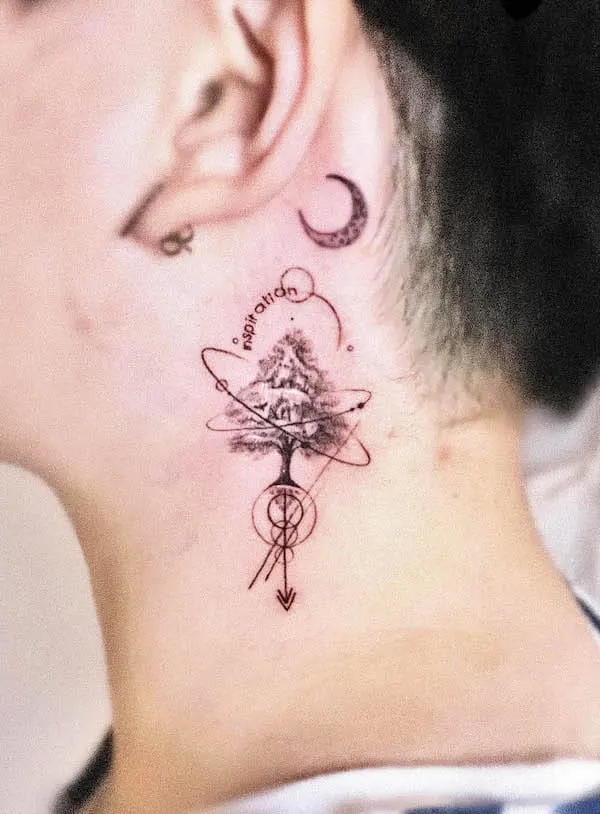 Tree and arrow neck tattoo for women
