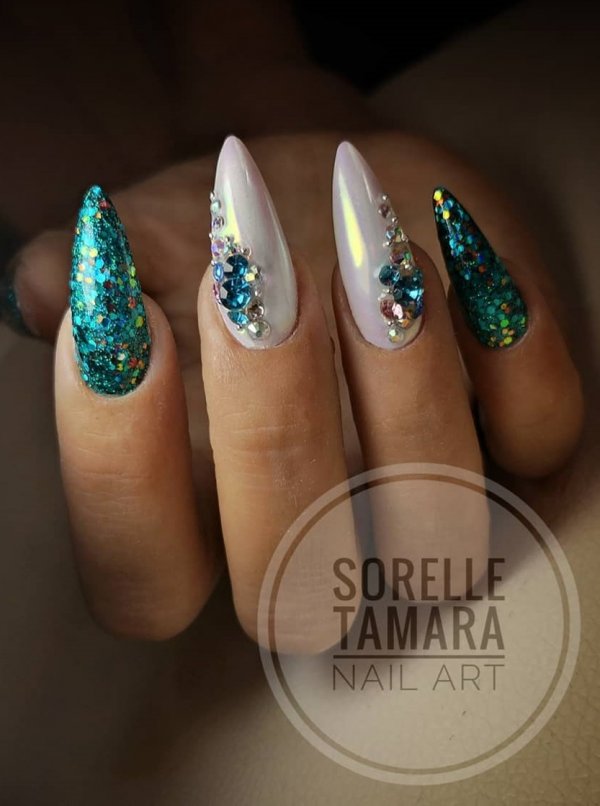 White And Glossy Blue Stiletto Nails With Swarovski crystals