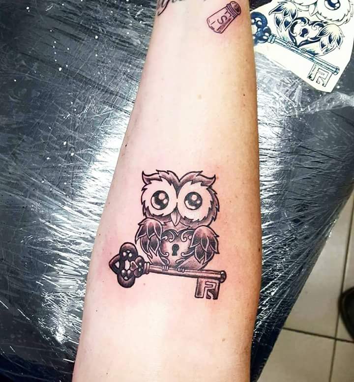 Adorable Tattoo With Owl Heart Lock And Key