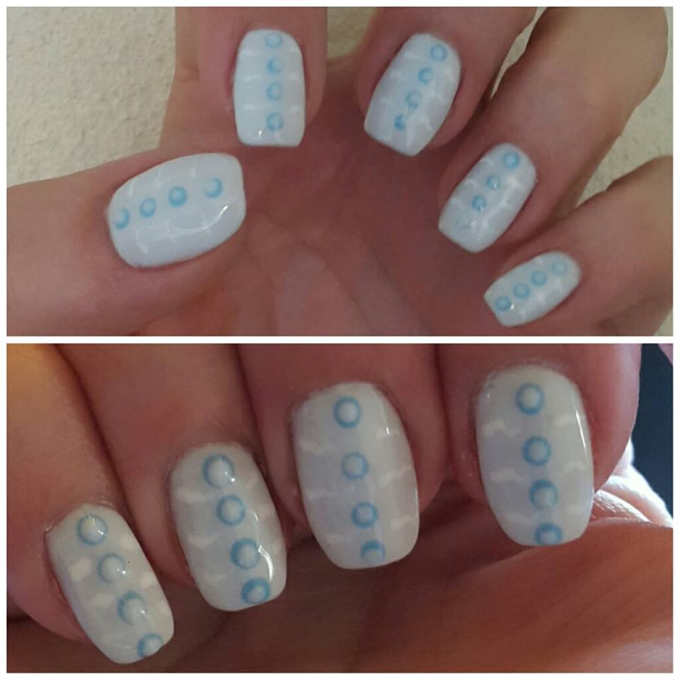 Alluring Pastel White and Blue Gel with Wave and Bubble Nail Art Design