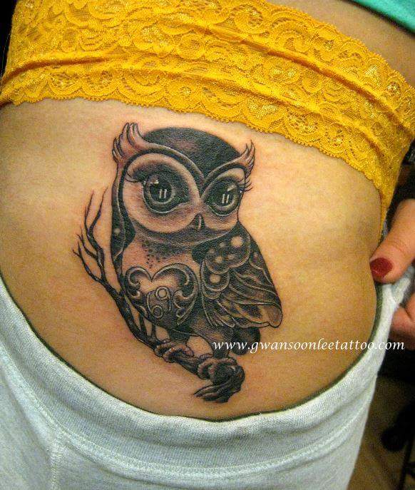 Amazing Owl With Beautiful Heart Tattoo