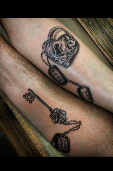 Amusing Couple Tattoo with Chained Lock and Key