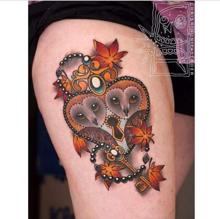 Barn Owl Tattoo With Heart Lock And Key