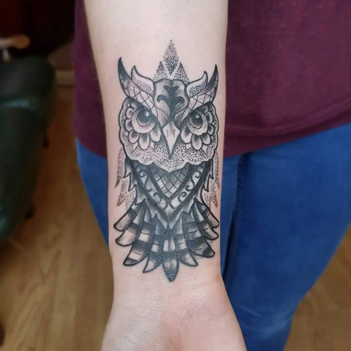 Beautiful Tribal Tattoo Of Owl For Wrist