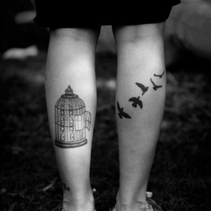 Birds Flying From the Cage Leg Tattoo for Couples