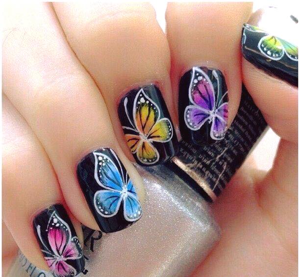 Black Base Butterfly Gel Nail Art Design