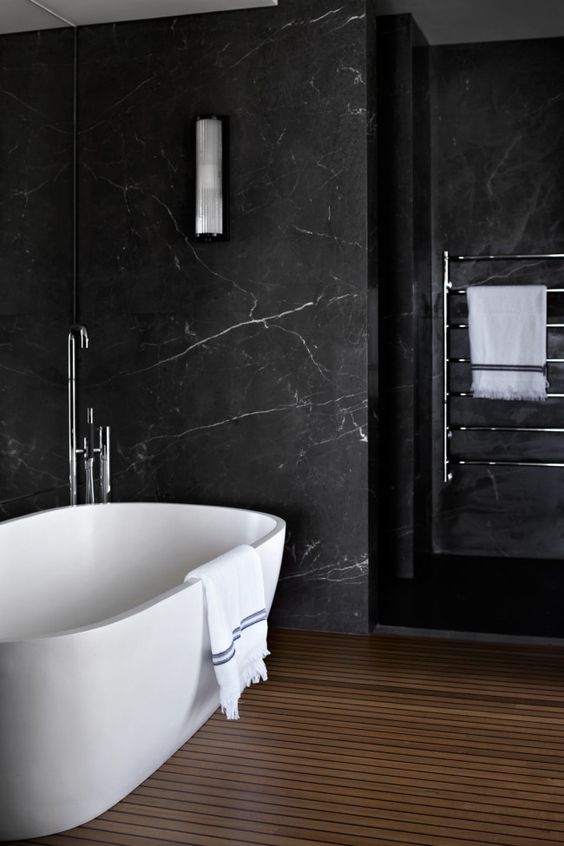 Luxurious Black Marble Bathroom with Freestanding Tub