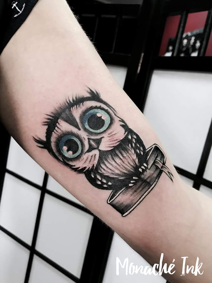 Blue Eyes Owl With Dark Ink Tattoo