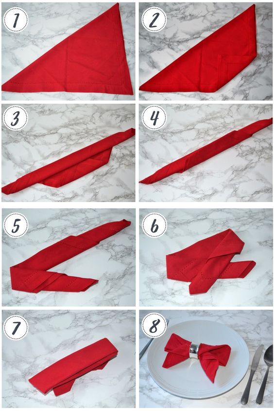 Bow tie napkin folding steps.